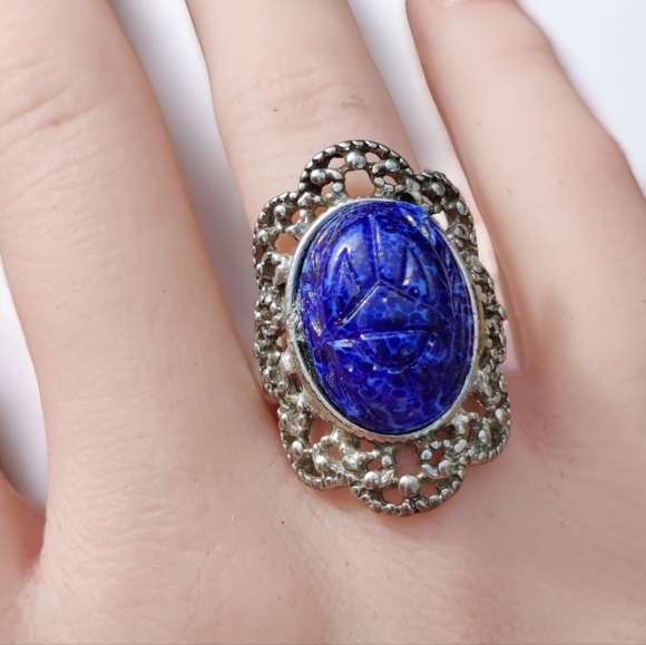Vintage ornate lapis lazuli scarab ring - Picture 1 of 9